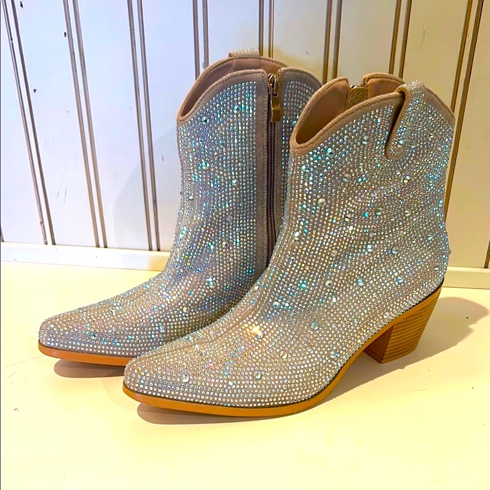 Silver Sparkly Ankle Boots with Rhinestones